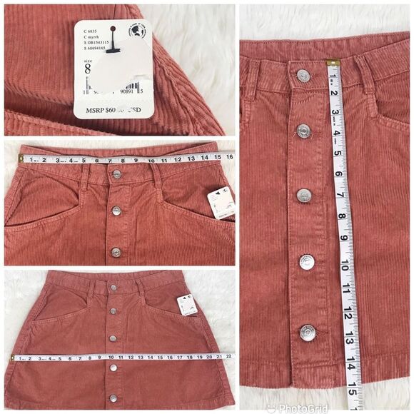 FREE PEOPLE Ray Button Front Corduroy Mini Skirt Rust Pink Fall Size‎ 8 10 New - Picture 13 of 14